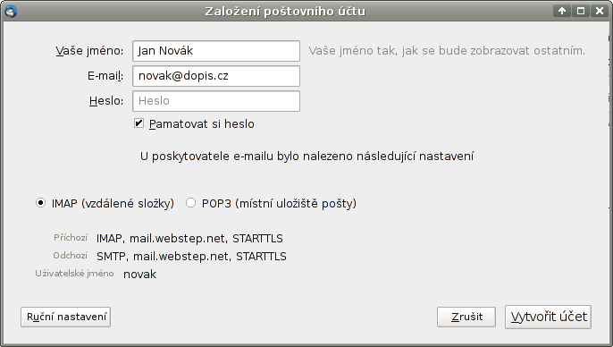 Dialogové okno nového účtu v Mozille Thunderbird Dialogové okno nového účtu v Mozille Thunderbird