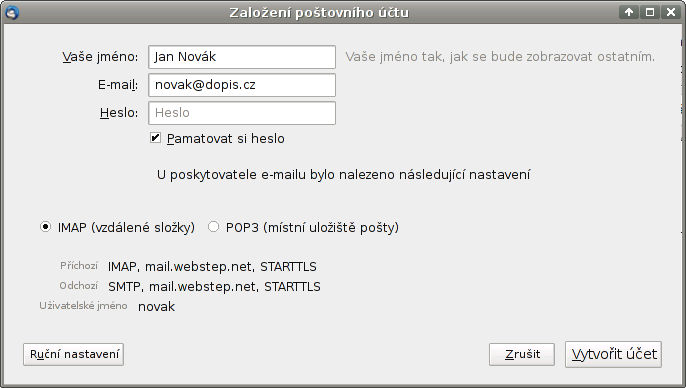 Dialogové okno nového účtu v Mozille Thunderbird